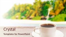  Presentation with cup coffee - Presentation featuring cup of coffee on table background and a  colored foreground