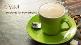  Presentation with green coffee beans - Beautiful PPT theme featuring cup of coffee on table backdrop and a lemonade colored foreground