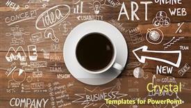  Presentation with wooden board empty table top - Colorful slides enhanced with nutrition hot beverage concept - cup of coffee on wooden backdrop and a tawny brown colored foreground