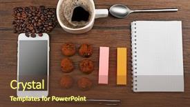  Presentation with notepad - PPT layouts having cup of coffee phone and notepad on wooden background background and a tawny brown colored foreground