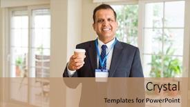  Presentation with identification card - Presentation design having cup of coffee wearing identification background and a coral colored foreground