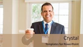  Presentation with identification card - Presentation theme featuring cup of coffee wearing identification background and a coral colored foreground