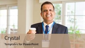  Presentation with identification card - Theme having cup of coffee wearing identification background and a coral colored foreground