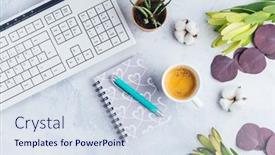  Presentation with feminine - Audience pleasing slide set consisting of cup-of-coffee-with-communication backdrop and a sky blue colored foreground