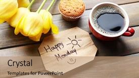  Presentation with coffee cup diary - Audience pleasing presentation design consisting of cupcake tulips and happy monday backdrop and a coral colored foreground