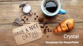  Presentation with croissant - Slide set having cup of coffee with fresh croissant and have a nice day massage on wooden table top view background and a coral colored foreground