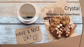  Presentation with top view of appetizing fresh - Presentation featuring cup of coffee with fresh background and a coral colored foreground