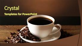  Presentation with grains - Cool new theme with cup of coffee with grains on wooden table on dark background backdrop and a tawny brown colored foreground