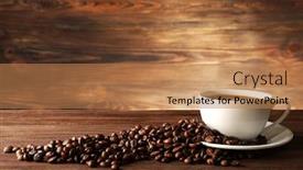  Presentation with grains - Slide set having cup of coffee with grains on wooden background background and a coral colored foreground