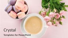  Presentation with pink roses - Theme featuring cup of coffee with macaroons background and a lemonade colored foreground