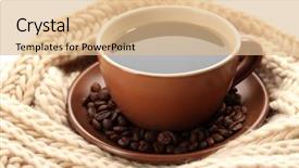  Presentation with coffee cup - Slide deck having many festive gift boxes with presents and red decorative heart on blue wooden background selective focus toned image background and a light gray colored foreground