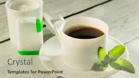  Presentation with sweetener - Slide deck having alternative sweeteners sugar substitutes - cup of coffee with stevia background and a mint green colored foreground