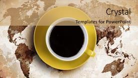  Presentation with 3d men world map - PPT theme featuring cup of coffee with world background and a coral colored foreground