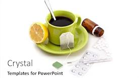  Presentation with cup of lemon tea - Presentation design consisting of cup of dark tea with lemon and teabag opened medicine bottle with spilled pills thermometer blister pack isolated on white background and a white colored foreground