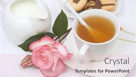  Presentation with milk tea - Amazing PPT theme having cup of english tea with chocolate cookies milk and a rose flower backdrop and a lemonade colored foreground