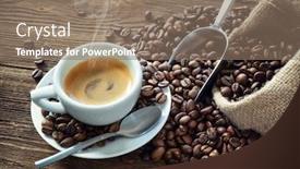  Presentation with steam - Amazing PPT theme having cup of espresso with coffee beans bag scoop and steam on rustic wooden background backdrop and a coral colored foreground