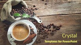  Presentation with steam - Audience pleasing slide deck consisting of cup of espresso with coffee beans bag scoop and steam on rustic wooden background backdrop and a tawny brown colored foreground