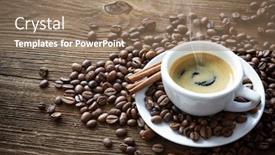  Presentation with steam - PPT theme featuring cup of espresso with coffee beans bag scoop and steam on rustic wooden background background and a coral colored foreground