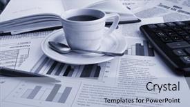  Presentation with news paper - Colorful PPT layouts enhanced with cup of fragrant coffee on a morning paper business news backdrop and a light blue colored foreground