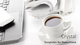  Presentation with news paper - Beautiful slide deck featuring cup of fragrant coffee on a morning paper business news backdrop and a white colored foreground