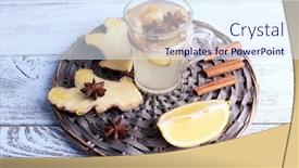  Presentation with ginger lemon drink - Presentation design consisting of christmas tree in the woods with toys and garlands greeting card christmas and new year background and a gray colored foreground