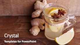  Presentation with ginger lemon drink - Slide deck consisting of cup of ginger drink with lemon on wooden table on wooden wall background background and a tawny brown colored foreground