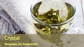  Presentation with wood rustic urban furniture - Beautiful presentation featuring cup of green tea backdrop and a tawny brown colored foreground