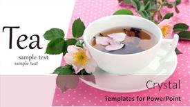  Presentation with hip - Beautiful presentation theme featuring cup of herbal tea with hip rose flowers on white wooden table backdrop and a coral colored foreground
