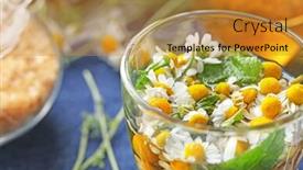  Presentation with chamomile - Audience pleasing presentation theme consisting of cup of herbal tea with chamomile flowers on table closeup backdrop and a gold colored foreground