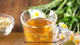  Presentation with chamomile - Presentation theme enhanced with cup of herbal tea and chamomile flowers on table closeup background and a gold colored foreground