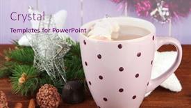  Presentation with cacao - Cool new presentation design with cup of hot cacao with chocolates and christmas decorations on table on wooden background backdrop and a lemonade colored foreground