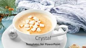  Presentation with cacao - Amazing PPT theme having cup of hot cacao with marshmallow cookies and warm scarf on blue table backdrop and a light gray colored foreground