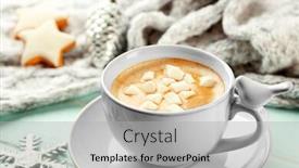  Presentation with cacao - Cool new slide deck with cup of hot cacao with marshmallow cookies and warm scarf on blue table backdrop and a light gray colored foreground