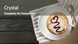  Presentation with cappuccino - PPT layouts featuring cup of hot cappuccino with chocolate syrup and spoon on a black wooden table background and a dark gray colored foreground