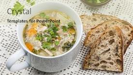  Presentation with crochet - Slide deck enhanced with cup of hot chicken rice soup served with bread and parsley on crochet tablecloth background and a mint green colored foreground
