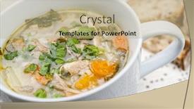  Presentation with crochet - Slide set featuring cup of hot chicken rice soup served with bread on crochet tablecloth closeup background and a coral colored foreground