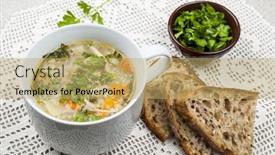  Presentation with crochet - Slide deck having cup of hot chicken rice soup served with bread and parsley on crochet tablecloth background and a yellow colored foreground