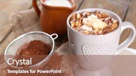  Presentation with table napkin - Audience pleasing theme consisting of cup of hot coffee with marshmallow and cup of milk with cinnamon star anise and strainer of cocoa on napkin and rustic wooden table background backdrop and a tawny brown colored foreground