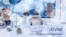  Presentation with weekend - Colorful PPT layouts enhanced with cup of hot drink in on the windowsill in living room comfortable winter weekend or holidays at home snow effect backdrop and a sky blue colored foreground
