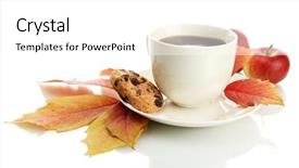  Presentation with tea leaves - Audience pleasing PPT theme consisting of cup of hot tea and autumn leaves isolated on white backdrop and a white colored foreground
