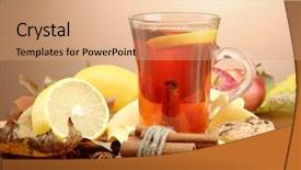  Presentation with tea leaves - Theme featuring lemon fruit drink wooden - cup of hot tea background and a coral colored foreground