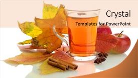  Presentation with tea leaves - PPT theme consisting of cup of hot tea and autumn leaves isolated on white background and a yellow colored foreground