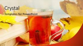  Presentation with tea leaves - PPT theme featuring cup of hot tea and autumn leaves on wooden table background and a lemonade colored foreground