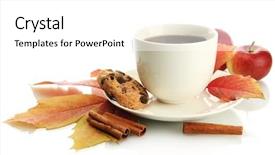  Presentation with tea leaves - Theme featuring cup of hot tea and autumn leaves isolated on white background and a white colored foreground