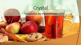  Presentation with hot tea - Colorful presentation theme enhanced with cup of hot tea and autumn leaves on wooden table backdrop and a soft green colored foreground