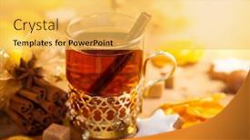  Presentation with christmas holiday gingerbread - Presentation theme having cup of hot winter spiced tea gingerbread stars and christmas spices for holiday background and a yellow colored foreground
