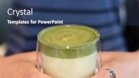  Presentation with matcha - Audience pleasing presentation theme consisting of cup of matcha milk tea on table in a coffee shop backdrop and a ocean colored foreground