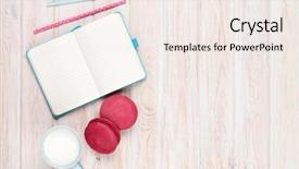  Presentation with white milk - Beautiful presentation featuring cup of milk and macarons on white wooden table with notepad for copy space backdrop and a sky blue colored foreground