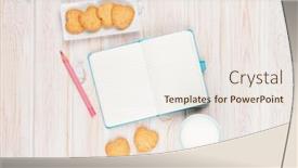  Presentation with white milk - Amazing PPT theme having cup of milk heart shaped cookies and notepad on white wooden table with copy space backdrop and a sky blue colored foreground