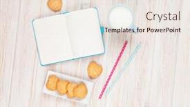  Presentation with white milk - Audience pleasing presentation consisting of cup of milk heart shaped cookies and notepad on white wooden table with copy space backdrop and a sky blue colored foreground